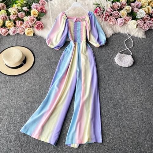 2021 Summer Womens Jumpsuit Leisure Vacation Style Square Neck Rainbow Tie Bow Jumpsuit New Waist Female Jumpsuits FC186