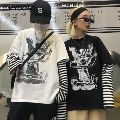 NYOOLO Harajuku style spoof print striped hoody streetwear long sleeve fake 2 piece patchwork pullovers Sweatshirt women/men top