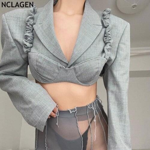 NCLAGEN Women Blazer Vintage Padded Shoulder Long Sleeve Crop Top Single Button Suit With Bustier Bra Office Lady 2 Tops Blazer