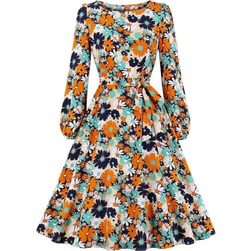 Casual Lady Long Sleeve Floral Print Dress Sweet Girl O-Neck High Waist A-Line Vintage Dress SP1270