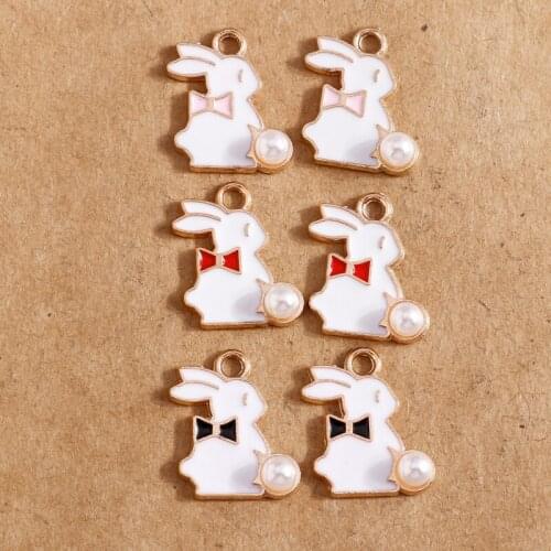 10pcs/lot 12*15mm Pearl Enamel Bow Rabbit Charms for Jewelry Making Cute Earring Pendants Bracelet Necklace Charms DIY Findings