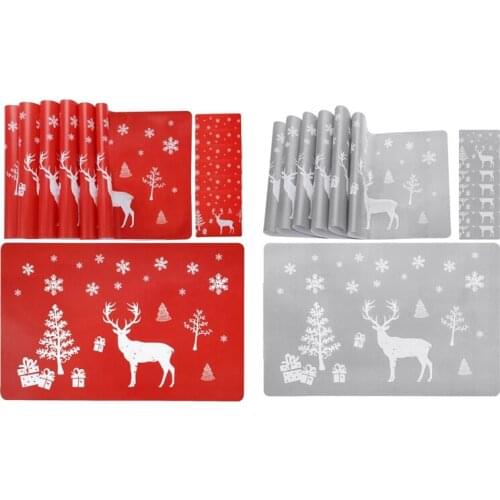 2 Set Christmas Placemat Washable Table Place Mat Elk Christmas Tree Snowflake Printed, 1 Set Grey & 1 Set Red