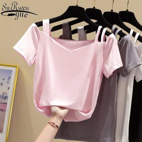 2021 Summer New Cotton Slim V-neck Woman Solid Colors Short-Sleeved Off Shoulder Top Fashion Sweet Women shirt 9484 50
