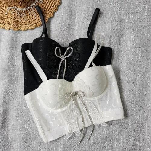 Original Design Bowknot Lace Camisole Beading Embroidery Moon Tank Tops Gathered Bustier Bra Sweet Cool Girl Sexy Backless Top