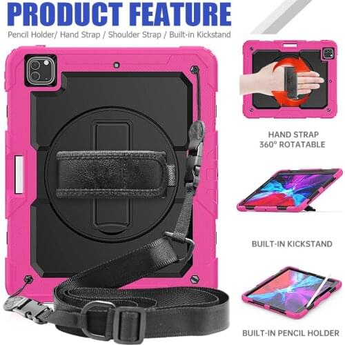 Case for iPad Pro 12.9 2020 Kids Safe Shell with Shoulder Strap 360 Rotation Hand Strap Shockproof Kickstand Tablet Cover