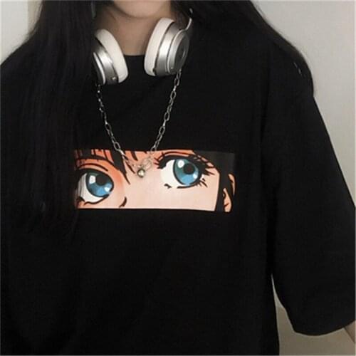 2021 Summer New Gothic Dark Black Harajuku Retro Anime Printed Loose Short Sleeve T-shirt Womens Top Large Size T-shirt M-xxl