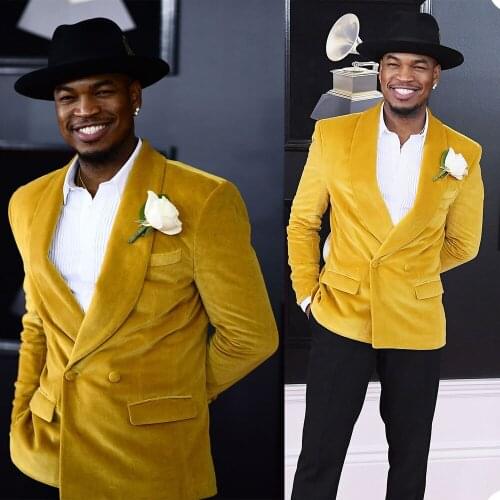 Custom Mens Suit Jacket Yellow Velet Formal V Neck Double Breasted Stright Top Party Evening Wedding Male Groomsman Wear Outfit
