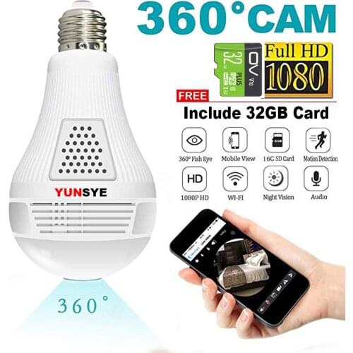 YUNSYE 1080P 360 VR Camera security camera Wifi light panorama bulb IP camera fisheye HD night vision two-way audio cctv camera