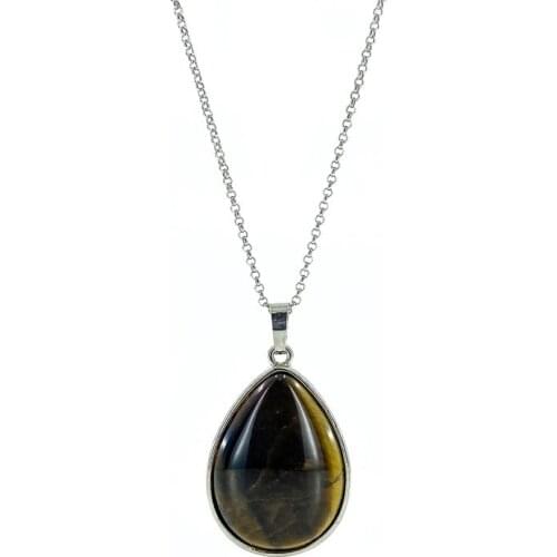 Drop Natural Tiger 'S Eye Stone Silver Necklace