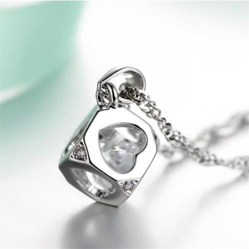 KOFSAC New Fashion 925 Silver Necklace For Women Wedding Party Shiny Crystal CZ Love Heart Cube Pendant Necklace Jewelry Gifts