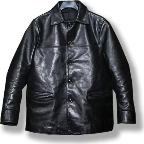 YR!Free shipping.Luxury Japan Vegetable tanned batik horsehide jacket,classic style brakeman style,Mens genuine leather coat