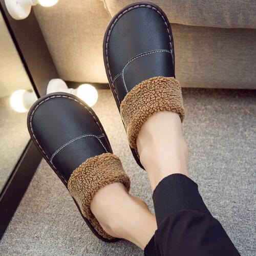 LCIZRONG Winter Genuine Leather Plush Home Slippers for Men Warm 46 Big Size Male /Women House Shoes Unisex Comfortable Slippers