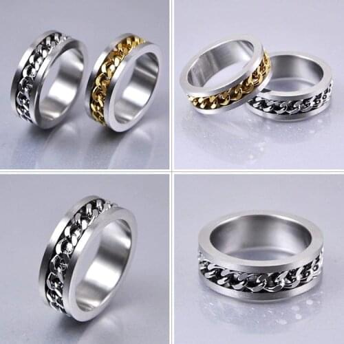 Hot Sale Gold Silver Color 2 Colors Ring for Men With Decorative Chain Inlay Titanium Steel Male Finger Ring Fashion Jewelry