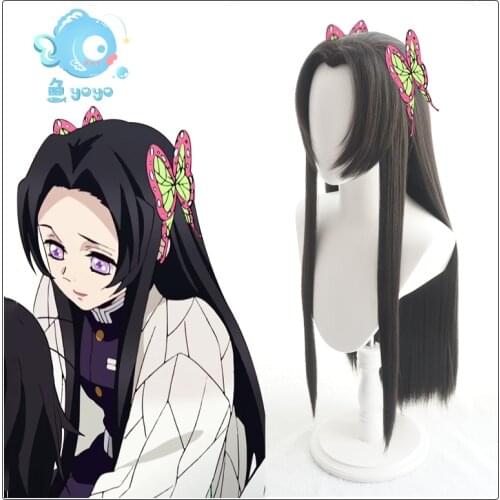 Blade of Demon Slayer Kochou Kanae Cosplay Wig Kimetsu no Yaiba Long Natural Black 80cm Straight Weak Tip Synthetic Hair + Cap
