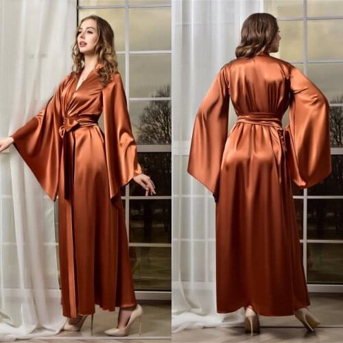 Soft Brown Silk Bridal Robe V Neck Long Sleeve Women Dressing Gown Wedding Bathrobes with Belt Boudoir Sleepwear Nightgowns