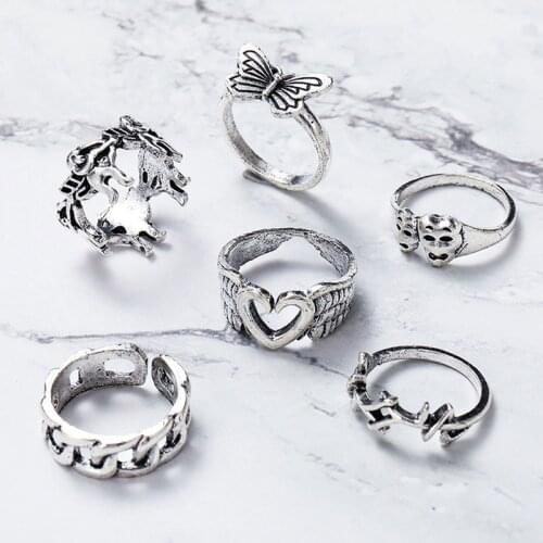 Vintage Love Butterfly Hollow Ring Set Ancient Silver Chain Ring Combination Gift Date Jewelry Women Rings 6pcs Set