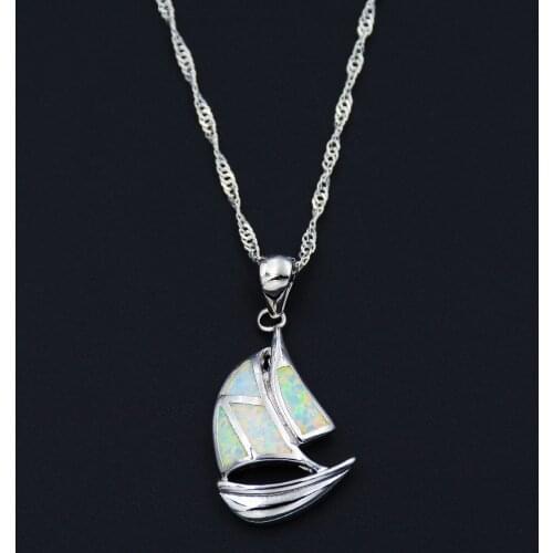 Novelty White / Blue Fire Opal Sailboat Pendant Necklace for ladys Gift