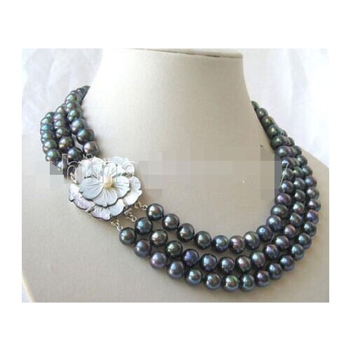 P3394 - AAA 3row 17-19" 8-9mm natural black round freshwater pearl necklace
