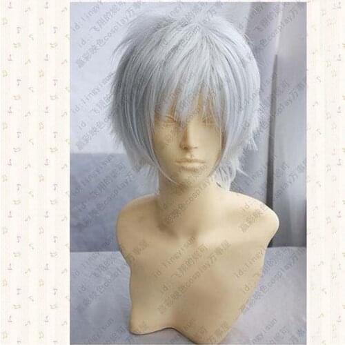 NO.6.Shion Short Silver White Fluffy Synthetic Hair Cosplay Anime Wigs Heat Resistance Costume Wigs + Wig Cap