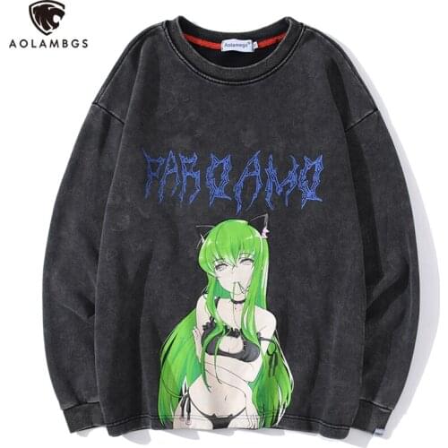 Aolamegs Cartoon Anime Manga Green Hair Girl Print O-Neck Sweatshirt Washed Gray Cotton Casual Harajuku Vintage Hoodie Pullover