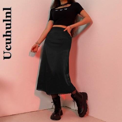 Ucuhulnl Brown Y2K Vintage Lace Satin WomenS Midi Skirt Harajuku Straight Split Long Skirts Korean Fashion Goth Clothes Summer