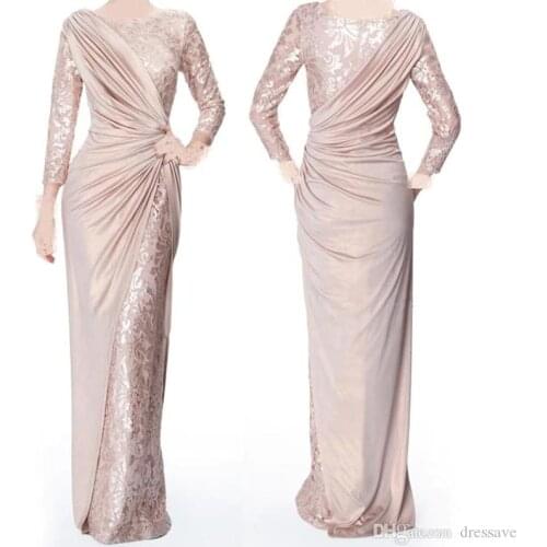 Pearl Pink Long Sleeves Mother of Bride Groom Dresses for Wedding Jewel Neck Elegant Floor Length Pleats Formal Evening Gowns