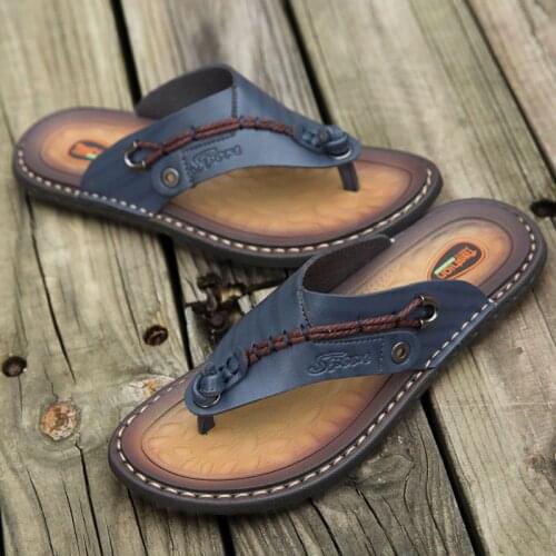 WEH handmade leather slippers Summer Fashion Men Flip Flops outdoor slippers Breathable Comfortable Men Flip-Flops Big Size 47