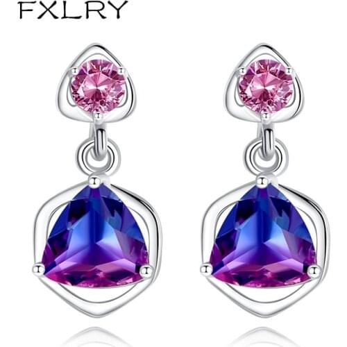FXLRY Silver Color Delicate Triangle Rainbow Stone stud earrings for Women Jewelry