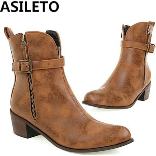 ASILETO 2021 Vintage Designer Ankle Boots Women Round Toe Square Mid Heel Zipper Big Size 32-43 Black White Yellow Brown S2458