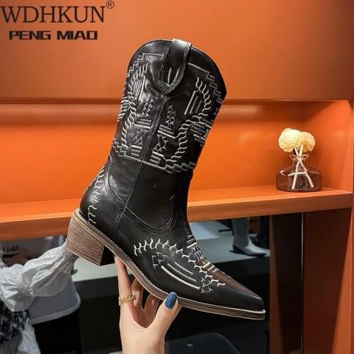 2021 Nude Suede Embroidered Mid-Calf Boots Women Thick Heel Pointed Toe Shoes Woman Warm Snow Boots Flats Knight Boots