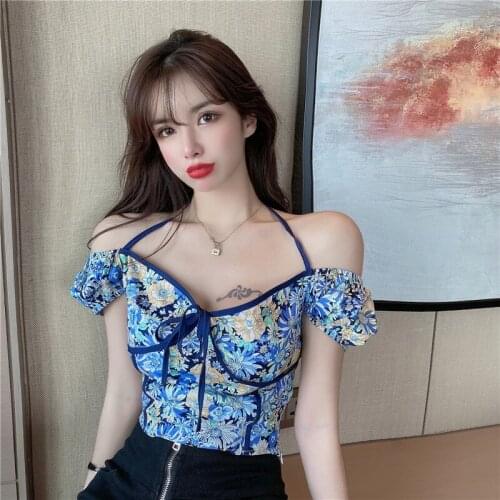 Wenfly Women Halter Suspender Tops Summer Vintage Sexy Slash Neck Puff Sleeve Bow Printing Matching Sheath Short Tees