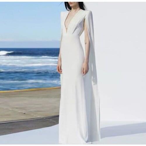 New 2020 Fashion Runway Designer French Ladies Elegant Summer Dress Womens Cloak Sleeve Sexy V Neck Long Formal Dresses Female