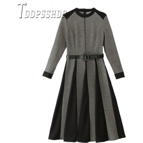 2019 Autumn New Korean Slim Women Dress Elegant Pleated Waist Belt Female Dresses