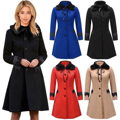 Winter Warm Women Buttons Woolen Coat Trench Jacket Patchwork Lace Belt Overcoat Outwear High Waist Solid Ladies Coats Fashion