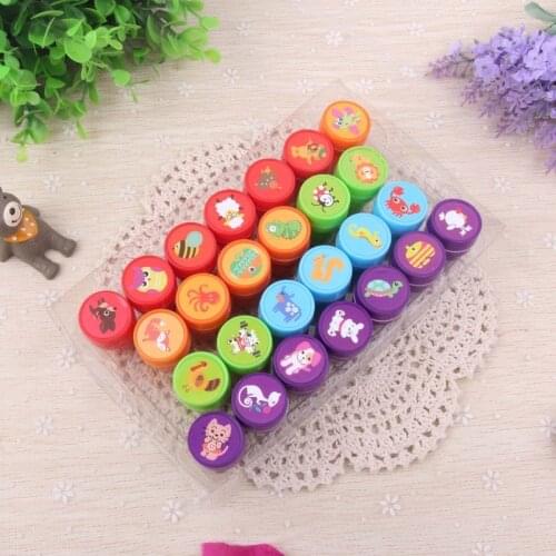 26Pc Cute Cartoon Round Stamp Seal Self Inking Scrapbooking Plate Ink Pads Stamper Seal Stamp for Children Gifts Toys Stationery