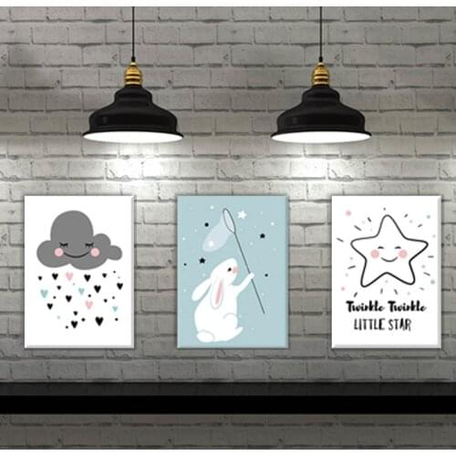 3PCS/Set No Frame Cute Cartoon Star Cloud little White rabbit Decorative Picture Childrens Room Girl Room Canvas Painting Wall