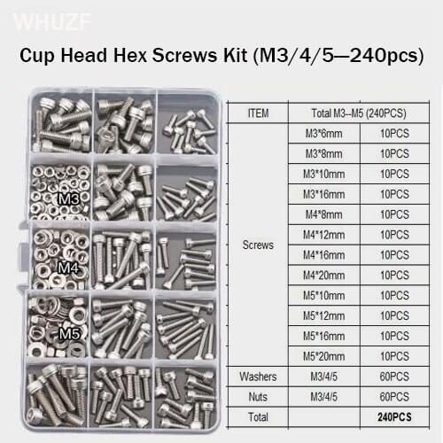 304 Stainless Steel 240pcs M3 M4 M5 Stainless Steel Cup Head Hex Socket Washer Bolts Machine Screw and Nut Kit with High Quality