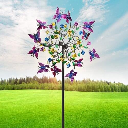 Large Metal Wind Spinner Flowers Butterflies Windmill Garden Decor w/ Stake