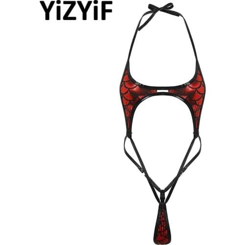 Erotic Bodysuit Lingerie Women Shiny Metallic Mermaid Fish Scale Printed Micro Mini Thong Bodysuit Monokini Swimsuit Beachwear