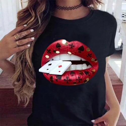 FIXSYS Women Lip Funny Printed Girl Black Tshirt Summer Cartoon Graphic Tee Shirt Femme Vogue Harajuku Short Sleeves T Shirt