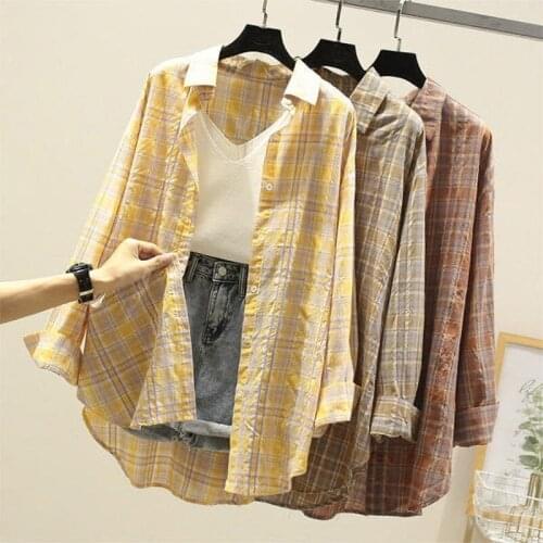 Cotton 95% Plaid Women Shirts Summer Vintage Turn-Down Collar Long-Sleeved Loose Straight Casual Female Outwear Coats Tops