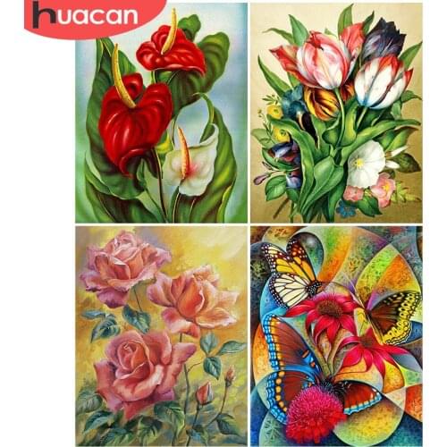 HUACAN Painting By Number Red Flower Kits Handpainted Picture By Number Flowers Drawing On Canvas Home Decoration DIY Gift