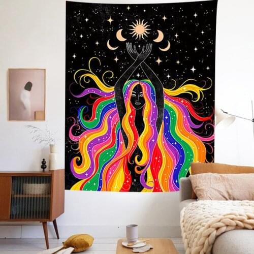 Indian Moon Phase Girl Tapestry Hippie Small Size Mandala Witchcraft Starry Sky Wall Hanging Tapestries Cloth Carpet Home Decor