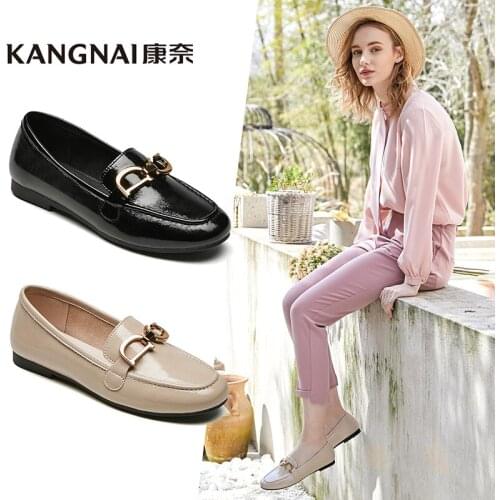 KANGNAI Flat Casual Loafer Women Buckled Metal Decorated Microfiber Round Toe Slip-On Woman Shoes Comfortable