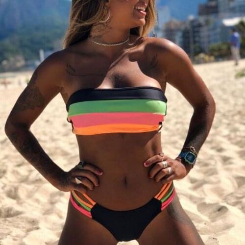 High Waist Striped Swimsuit Women Summer Multicolors Push Up Bikini Set Party Beach Holiday Swimwear Two Piece Set Bathing Suit