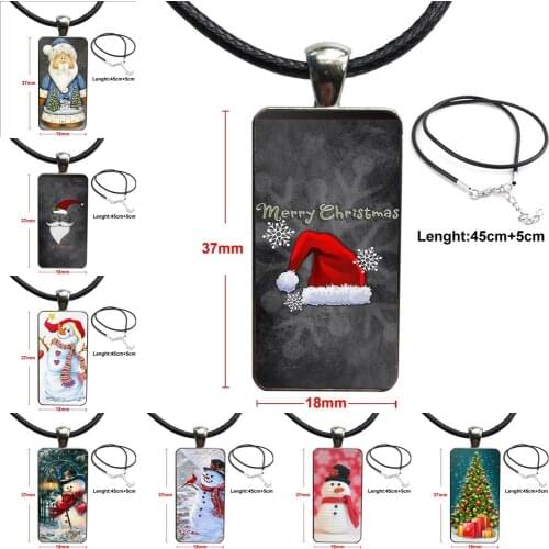 Cute Christmas Gifts Santa Claus Snowman For Child Glass Pendant Necklace Handmade Half Pendant Rectangle Necklace