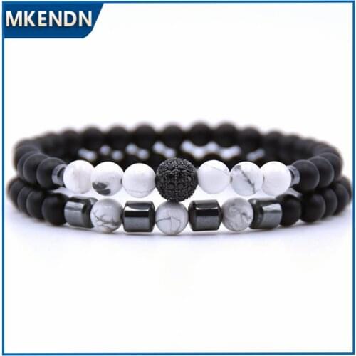 MKENDN 2Pcs/Set Brand Hot Sale Pave Black CZ Men Bracelet 6mm Stone Beads With Hematite Bead Charm Bracelet For Women Jewelry