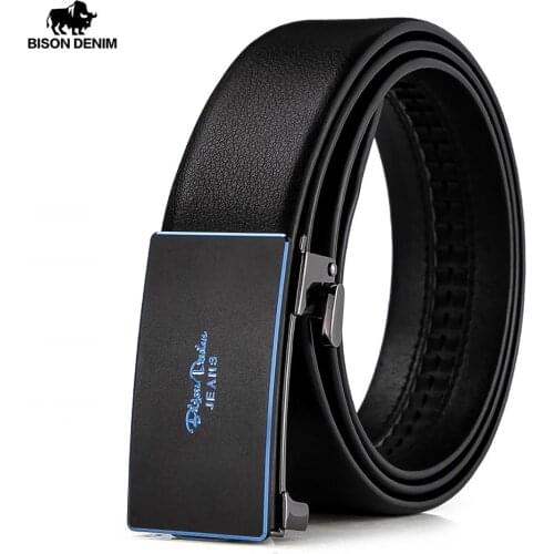 BISON DENIM Genuine Leather Mens Belt Automatic Alloy Buckle Cow Luxury Strap Formal Casual Fashion Leather Belt for Male