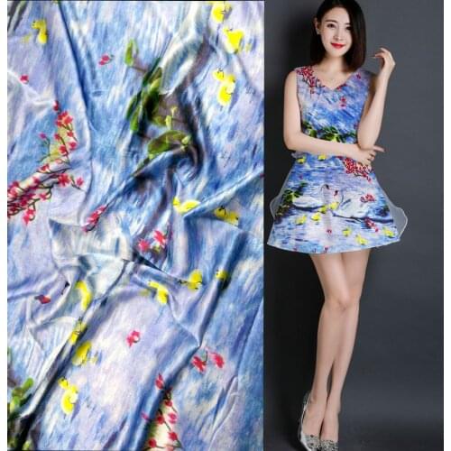 Telas New Blue Tecido Swan Inkjet Printing Silk Fabric 5%Spandex 95% Silk Romantic Wedding Party Dress Fabric Sewing Super Tissu