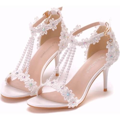 Women Sandals White Lace Flowers Pearl Tassel Bridal Sexy Heel Fine High Heels Slender Bridal Pumps Wedding Shoes Large size